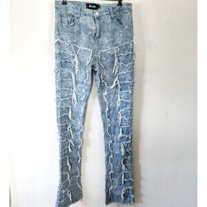 Mens Guapi Distressed Light Wash Floral Rose Bottom Flare Jeans 34